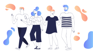 A bunch of people walking and talking to each other